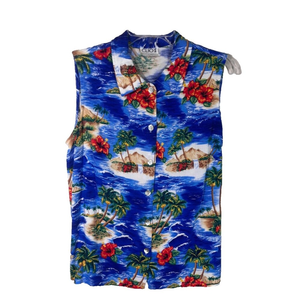 Vintage Hawaiian Top 1X Blue Tropical Beach Palm Flowers Tourist Blouse USA